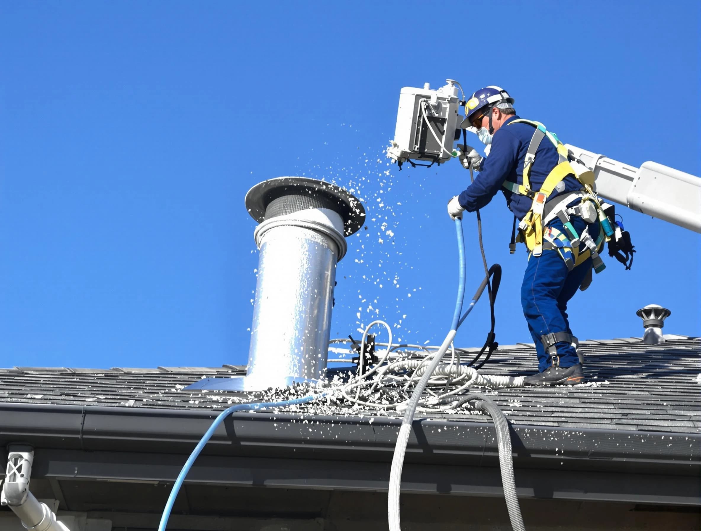 Reading Dryer Vent Cleaning certified technician safely cleaning a roof-mounted dryer vent in Reading