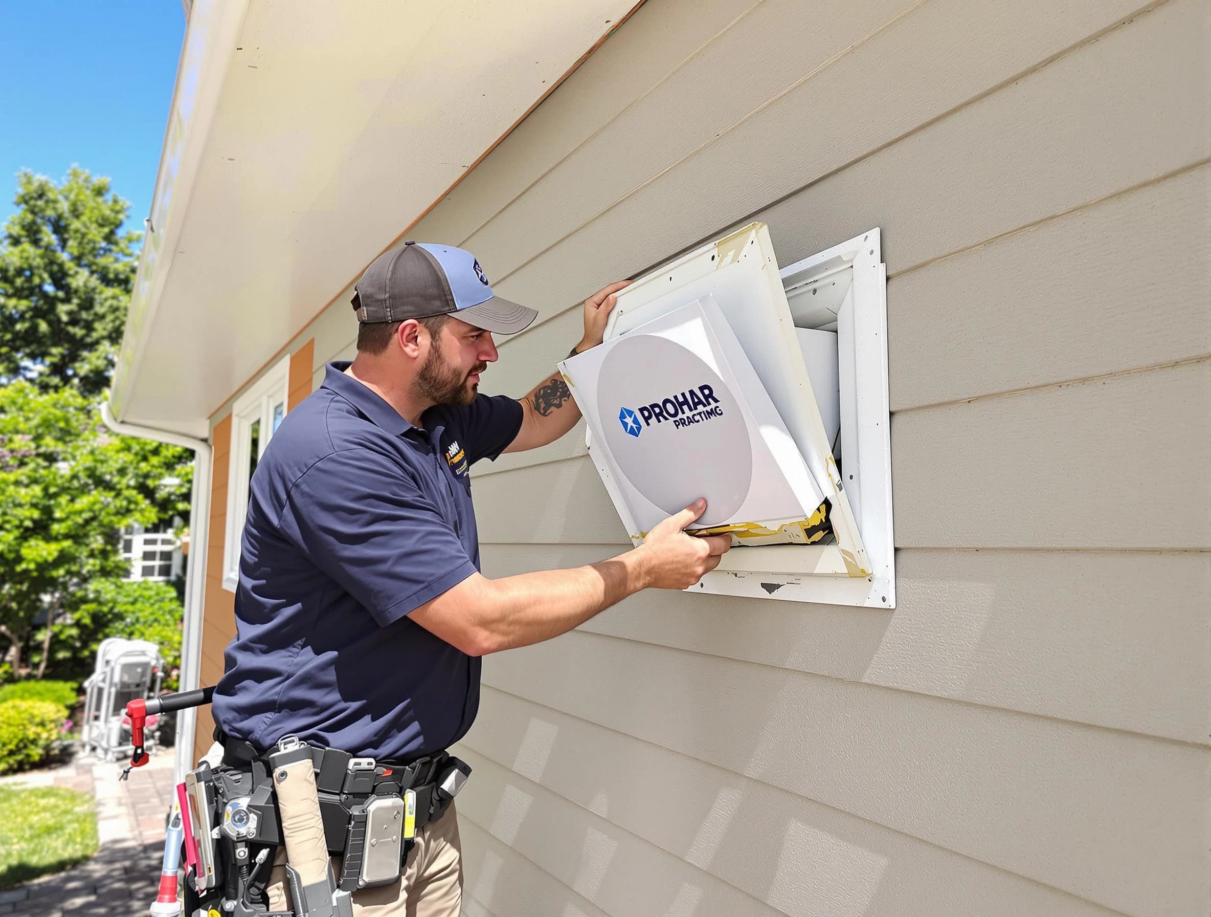 Reading Dryer Vent Cleaning technician installing a new protective dryer vent cover on a home in Reading