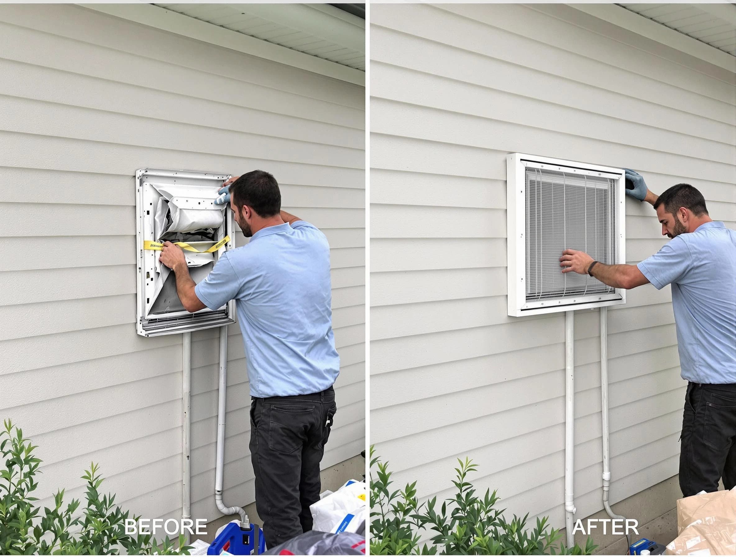Reading Dryer Vent Cleaning technician installing high-quality dryer vent cover at a residential property in Reading