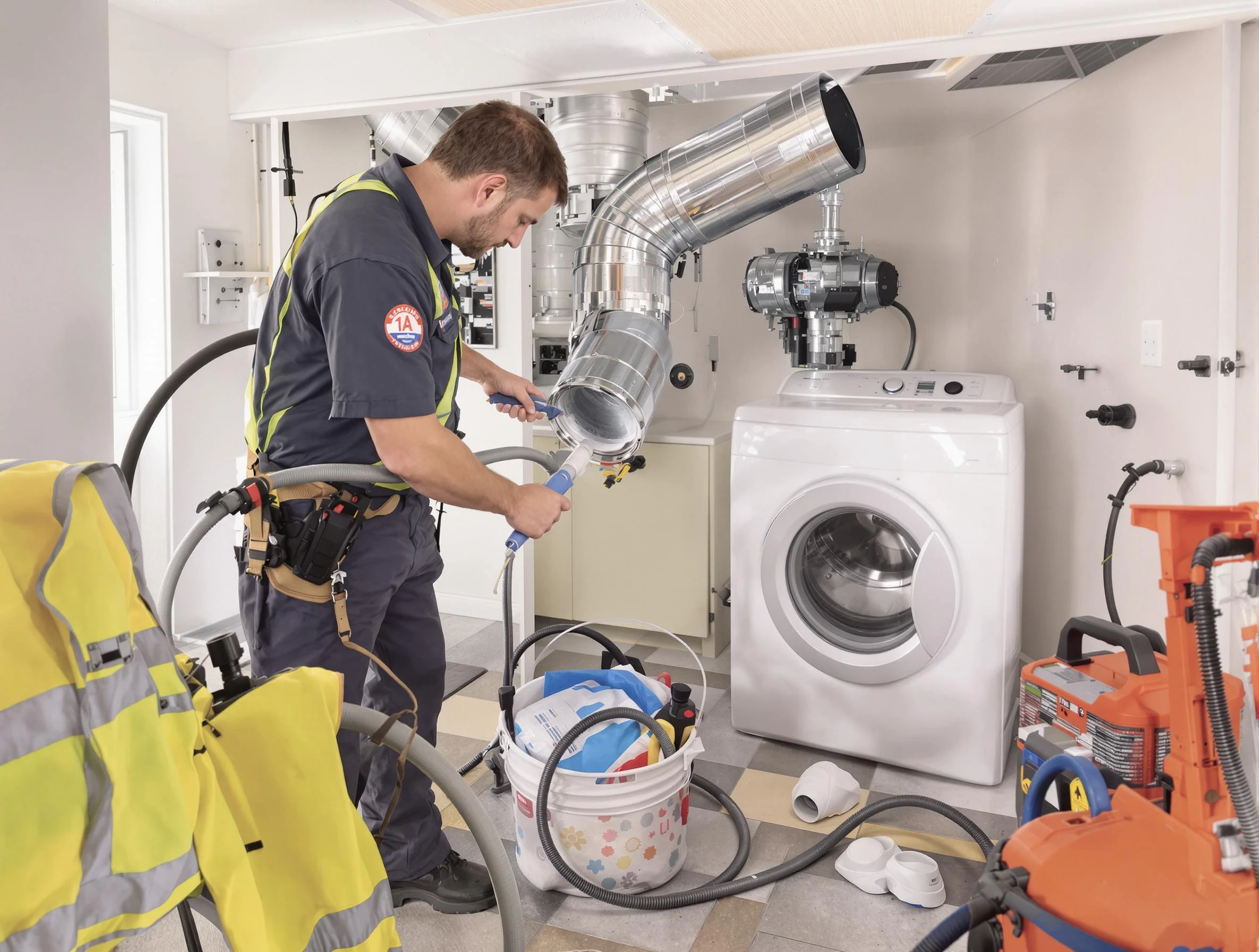 Reading Dryer Vent Cleaning technician using specialized equipment to clear severe dryer vent blockage in Reading